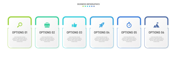 Horizontal progress bar featuring 6 arrow-shaped elements, symbolizing the six stages of business strategy and progression. Clean timeline infographic design template. Vector for presentation