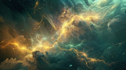 Wall Mural - cosmic scene with a nebula-like cloud formation in shades of green, yellow, and orange, with intrica