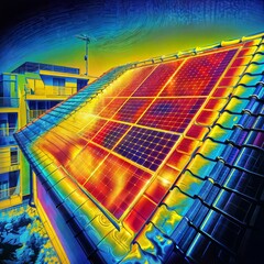 Wall Mural - A thermogram reveals a roof adorned with solar panels, displaying heat variations in blue, red, and yellow hues, showcasing the energy absorption of the panels.