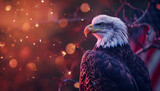 Fototapeta  - A bald eagle stands in front of an American flag