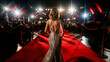 © StellaPattaya - Back view woman stands with her back to the red carpet , Famous celebrity with beautiful hair and dress, walking and posing, being photographed by crowd of paparazzi photographers at red carpet event.
