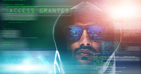 Wall Mural - code overlay, hacker and portrait of man for programming, coding and information technology in dark.