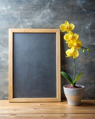 Poster - Empty chalkboard with orchid on wooden surface