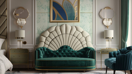 Wall Mural - Luxurious art deco bedroom scene with a frontal view of a cream and teal tufted headboard, a velvet green settee, and a gold framed abstract painting.
