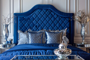 Wall Mural - Luxury art deco bedroom featuring a quilted cobalt blue headboard, mirrored side tables, and a silver vase.