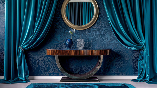 Luxury art deco bedroom with a full front view of a navy brocade wall, teal satin curtains, and a high gloss walnut console table.