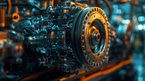 Fototapeta  - A detailed view of complex industrial machinery, showcasing gears and mechanical parts in a factory setting.