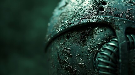 Wall Mural - Close-up of a baseball helmet with intricate details, highlighting the texture. Background: dark green. 8k, realistic, full ultra HD, high resolution and cinematic photography