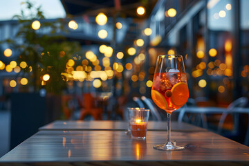 Wall Mural - Aperol Spritz cocktail on restaurant table outside, summer night