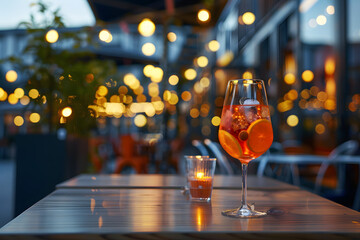 aperol spritz cocktail on restaurant table outside, summer night