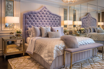 Wall Mural - Opulent art deco bedroom featuring a quilted lavender headboard, mirrored side tables, and a plush gold rug.