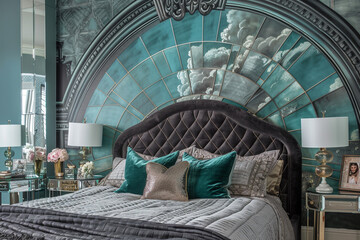 Wall Mural - Refined art deco bedroom with a quilted charcoal headboard, mirrored side tables, and a teal art deco wall mural.