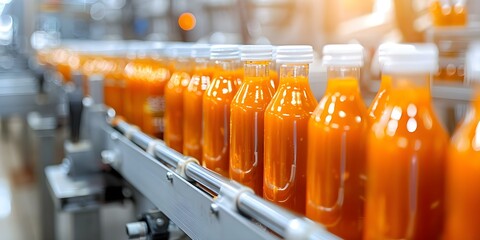 Wall Mural - Conveyor belt in factory fills, seals, and labels hot sauce bottles. Concept Bottling Process, Factory Automation, Hot Sauce Production, Labeling Machine, Manufacturing Efficiency