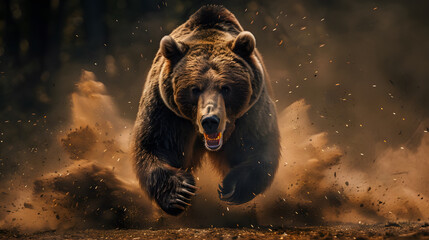 an enraged bear running kicking up dust