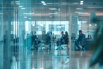 an interior view of a contemporary office space with employees and glass dividers, signifying transp