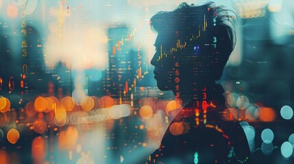 Double exposure of a businessman with rising and falling stock prices overlaid in the background