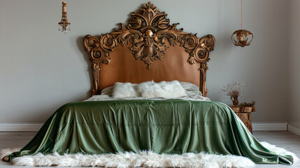 Wall Mural - Stunning art deco bedroom design featuring a frontal view of a copper ornate headboard, a jade green silk bedspread, and a white sheepskin rug.