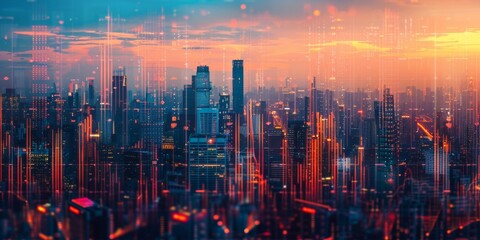 Wall Mural - Double exposure of a city skyline overlaid with investment graphs, financial data, and research documents, representing urban business finance