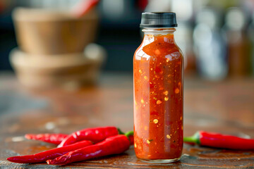 Wall Mural - A bottle of hot sauce with chili peppers on a table