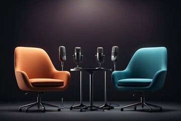 Wall Mural -  Two chairs and microphones in podcast or interview room isolated on dark background designs as a wide banner for media conversations or podcast streamers concepts with copy space design. 