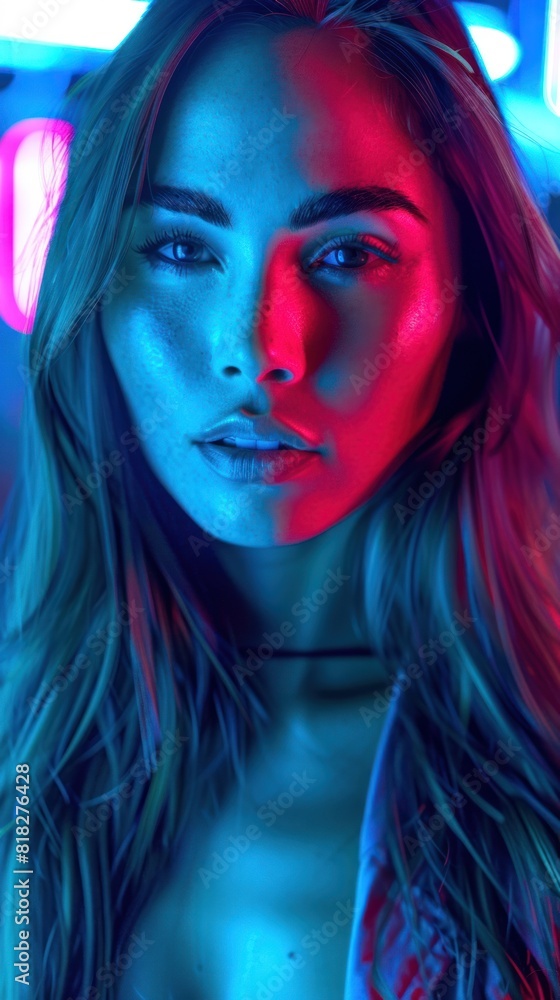 A woman with long hair and a jacket is posing in front of a neon sign ...