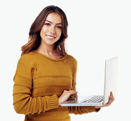 Happy woman, web designer and laptop for software development or algorithm update isolated in studio. Female person and programmer with computer for writing code or script with white background