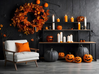 Wall Mural - Modern room decorated for Halloween, space for text. The idea for festive interior design.