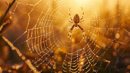 spider silhouette on dewy web in morning light nature closeup photograph