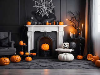 Wall Mural - Modern room decorated for Halloween design. The idea for festive interior design.