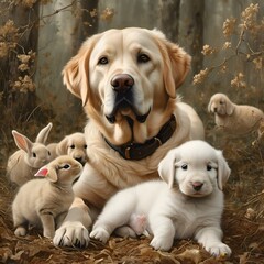 Poster - AI generated illustration of a Labrador retriever in the woods playing with baby rabbits