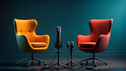  Two chairs and microphones in podcast or interview room isolated on dark background designs as a wide banner for media conversations or podcast streamers concepts with copy space design. 