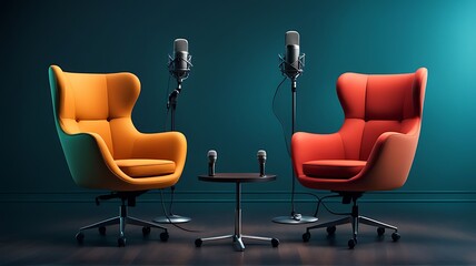  Two chairs and microphones in podcast or interview room isolated on dark background designs as a wide banner for media conversations or podcast streamers concepts with copy space design. 