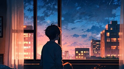 A boy looking out of his bedroom window, evening time, sad lofi theme