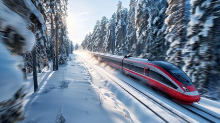 High-speed train swiftly traveling through a snowy forest landscape. Vibrant red and modern design contrasting against the white snow backdrop.