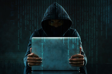 Wall Mural - code overlay, laptop and portrait of hacker for programming, coding and information technology in da