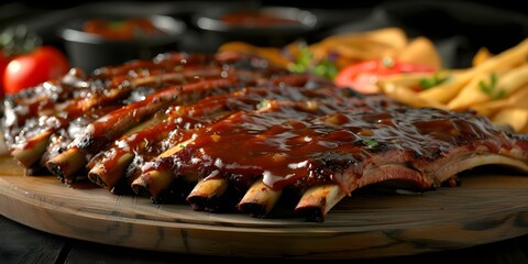 Wall Mural - Classic Comfort Food: Succulent BBQ Ribs with Savory Sauce and Beloved Sides. Concept BBQ Ribs, Comfort Food, Savory Sauce, Beloved Sides, Succulent Flavors
