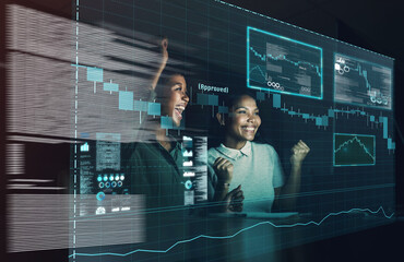 Fototapete - Women, teamwork and statistics overlay with data analytics or excited, collaboration or growth. Female people, strategy and charts or problem solving solution with celebration, brainstorming or tech