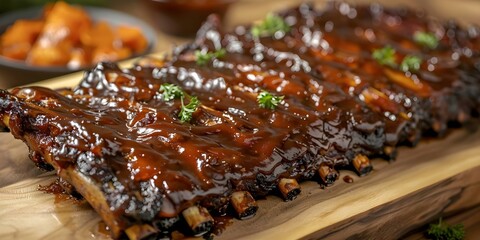 Canvas Print - Tender Slowcooked BBQ Pork Ribs Glazed with Sauce. Concept BBQ Recipes, Pork Ribs, Slow Cooking, Sauce Glaze, Tender Meat