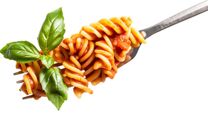 Wall Mural - Tasty pasta with tomato sauce and basil on fork isolated on a transparent background
