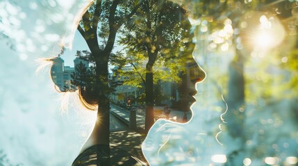 double exposure of woman's silhouette and nature, blending human and nature elements. perfect for ar