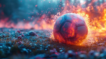 Fiery Soccer Game - A glowing soccer ball amidst fiery sparks, symbolizing intense game action.