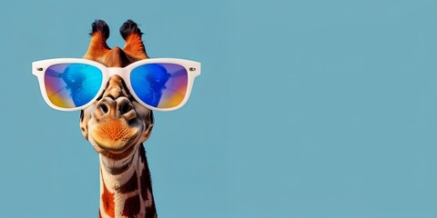 Portrait of a illustration cute giraffe wearing glasses to welcome the summer holidays. Cute giraffe looking cool wearing bright yellow tinted blue sunglasses on a blue background