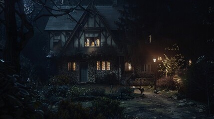 Wall Mural - front view of an old house in the dark, made in fantasy style