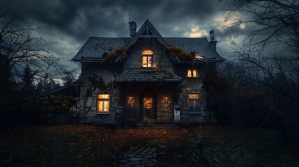 Wall Mural - front view of an old house in the dark, made in fantasy style