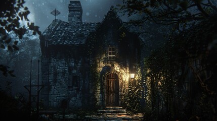 Wall Mural - front view of an old house in the dark, made in fantasy style
