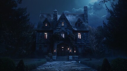 Wall Mural - front view of an old house in the dark, made in fantasy style