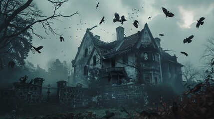 Wall Mural - view of an old house, with many crows flying around, in semi-darkness, made in mystic style