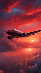 Canvas Print - AI generated illustration of an airplane soaring above vibrant red clouds in the sky