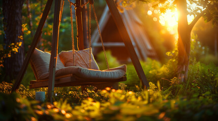 Canvas Print - a garden swing adorned with a cushion and stands made of natural wood. large triangular cabin surrounded