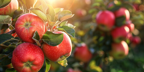 Wall Mural - Red apples on a tree branch in an apple orchard during harvest time in the morning light